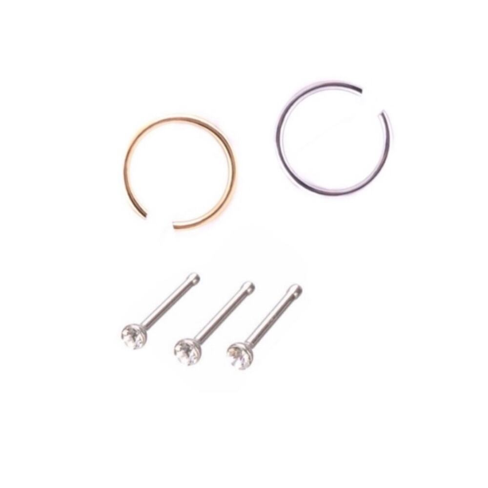 5 Pieces - Nose Hoops & Nose Studs Silver & Gold